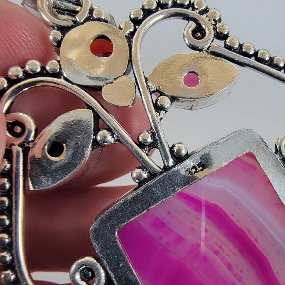 Handmade Silver Pendant Necklace with Pink Banded Agate & Garnet Accents - Picture 10 of 10